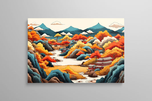 Golden Amber Serenity Japan's Autumn Ukiyo-e Wall Art Eco Leather Print Wall 2D