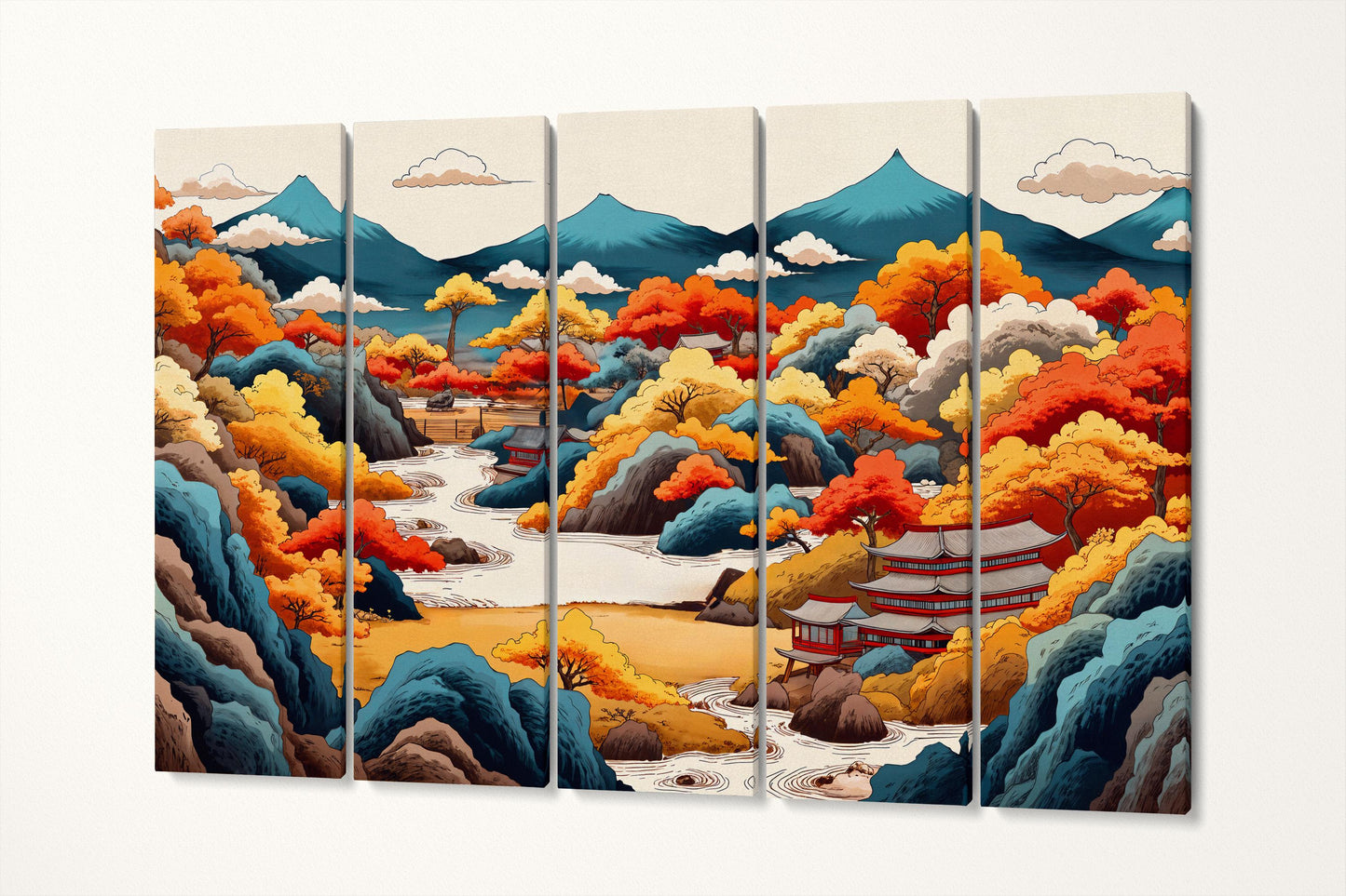 Golden Amber Serenity Japan's Autumn Ukiyo-e Wall Art Eco Leather Print Wall 5 Panels