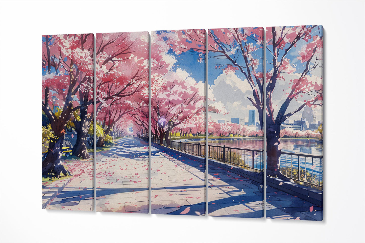 Blossoms of Spring Sakura Lake in Anime Japan Wall Art Home Decor Eco Leather Print 5 Panels