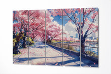 Load image into Gallery viewer, Blossoms of Spring Sakura Lake in Anime Japan Wall Art Home Decor Eco Leather Print 5 Panels