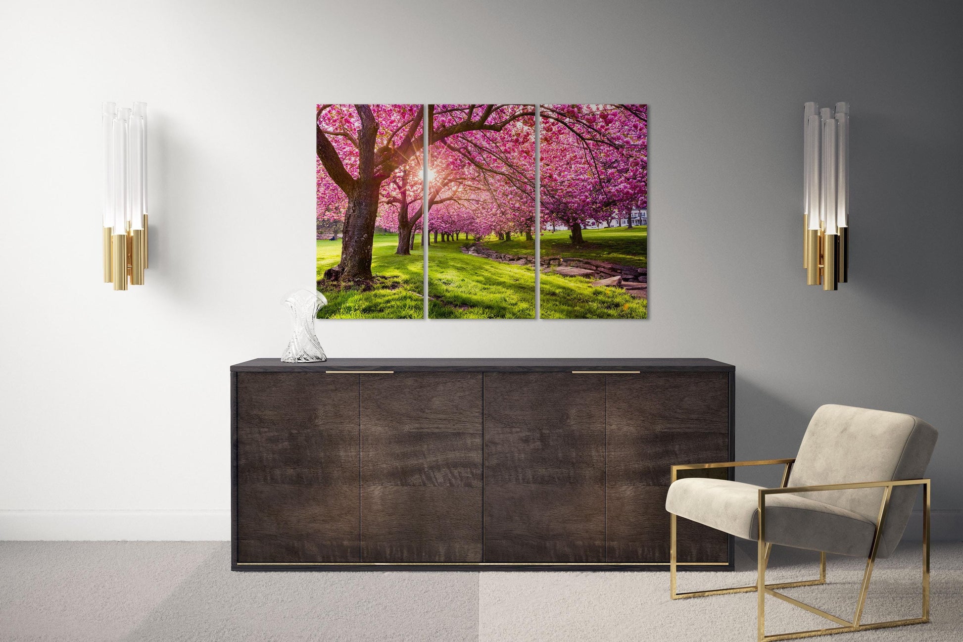 Cherry Tree Blossom Canvas Eco Leather Print Triptych Lounge
