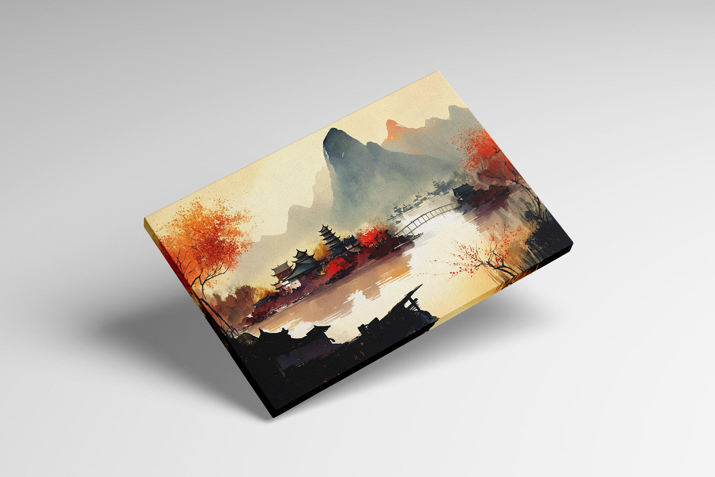 Oriental Chinese Warm Tones Landscape Wall Art Framed Canvas Eco Leather Print Levitates