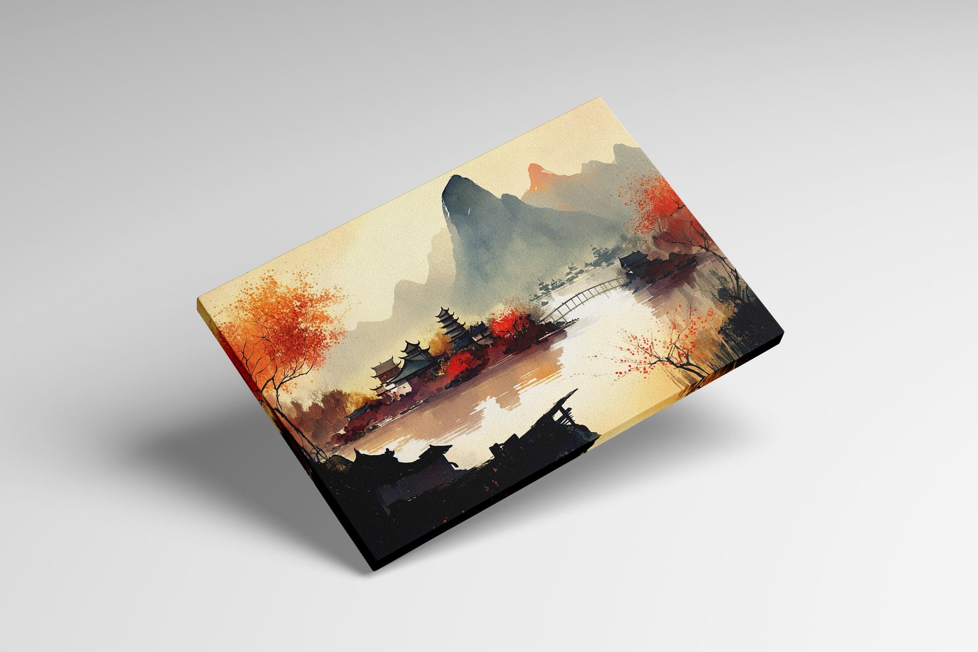 Oriental Chinese Warm Tones Landscape Wall Art Framed Canvas Eco Leather Print Levitates