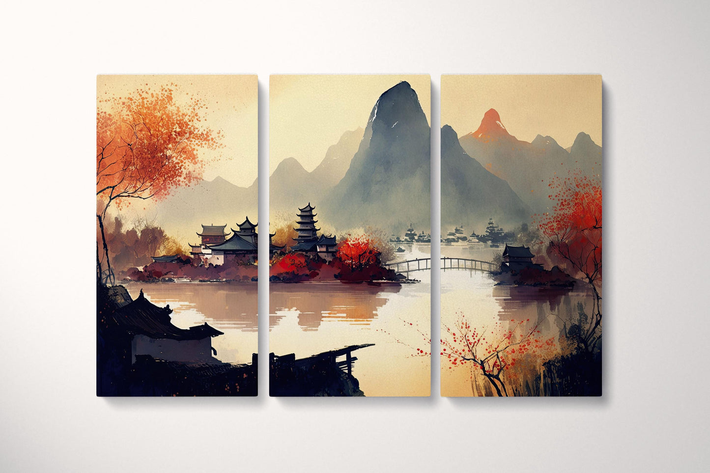 Oriental Chinese Warm Tones Landscape Wall Art Framed Canvas Eco Leather Print  Triptych