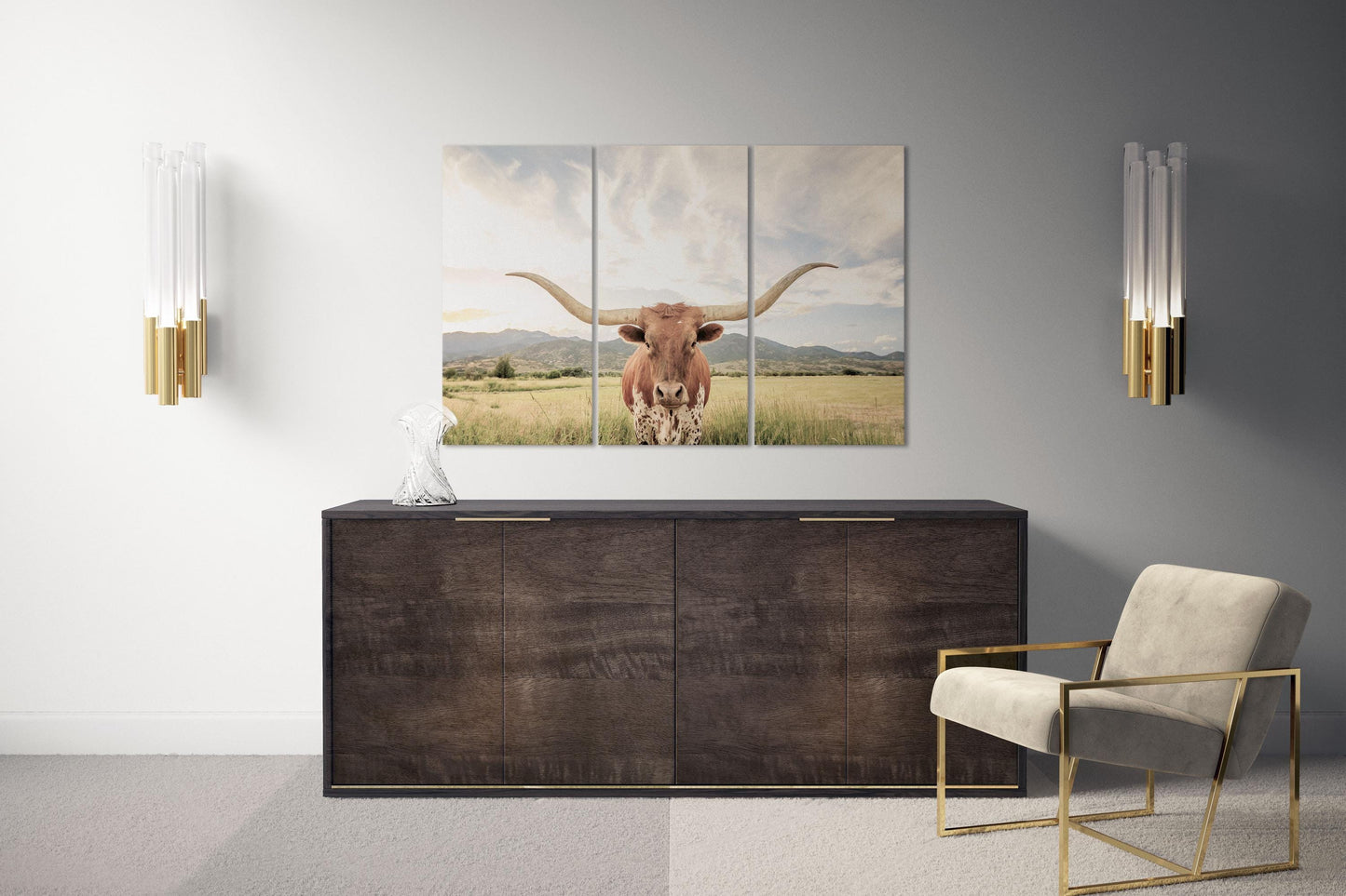 Texas Longhorn Steer Soft Tones Triptych Canvas Eco Leather Print Lounge