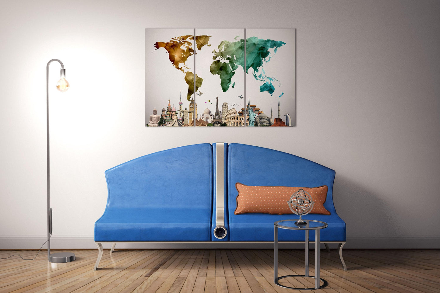 Color World Map Vector with Monuments Eco Leather Print Triptych Lounge