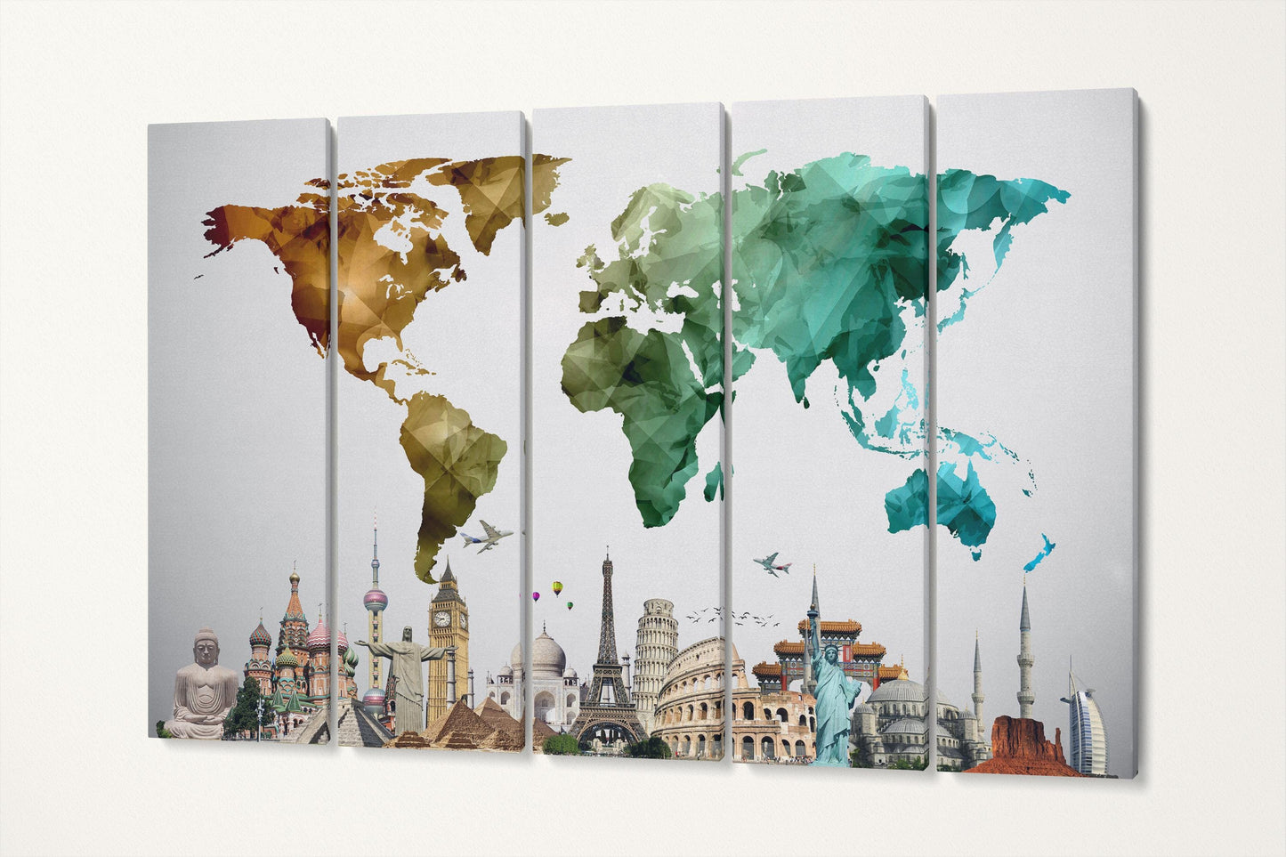 Color World Map Vector with Monuments Eco Leather Print 5 Panels