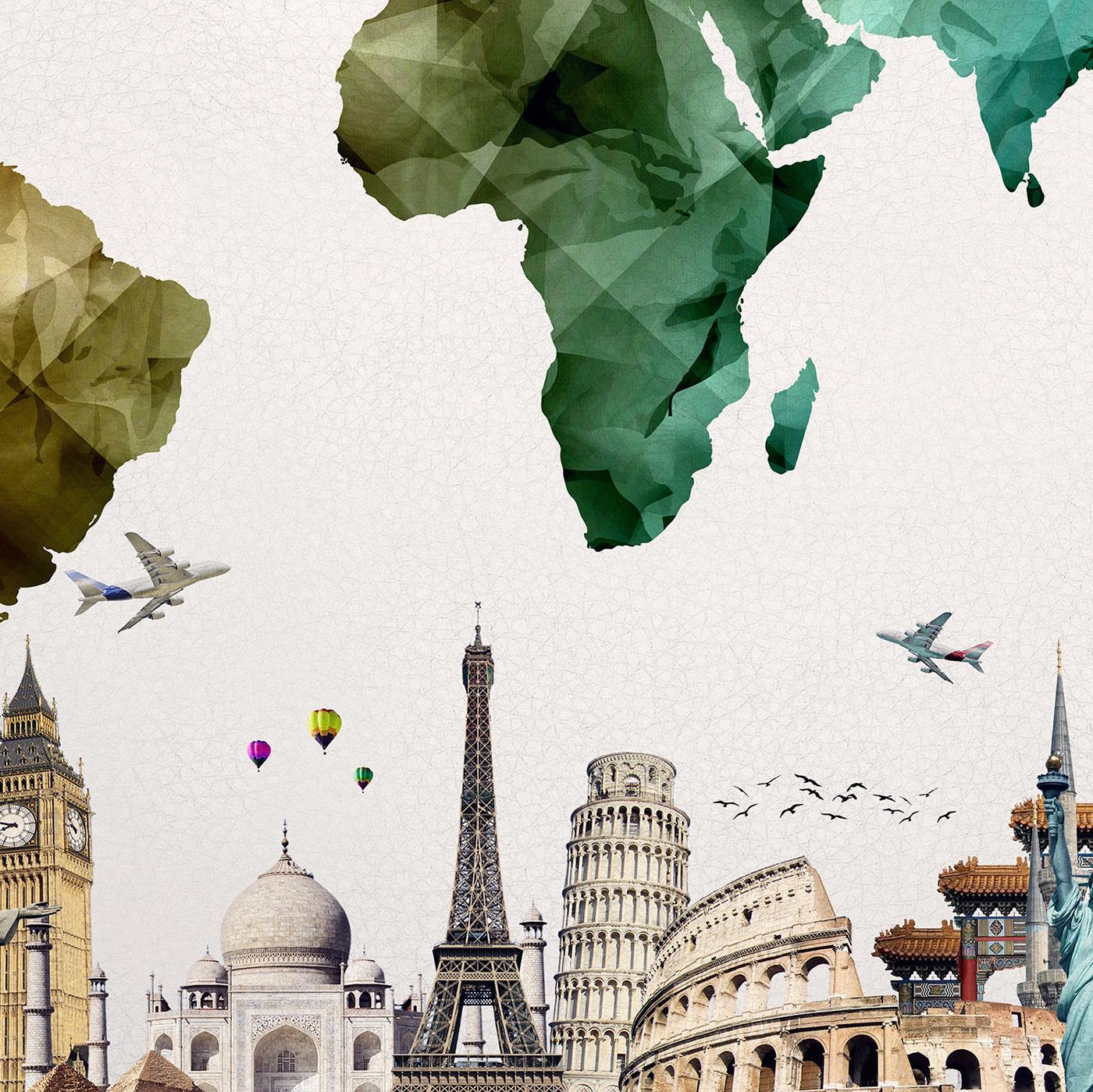 Color World Map Vector with Monuments Eco Leather Print Detail