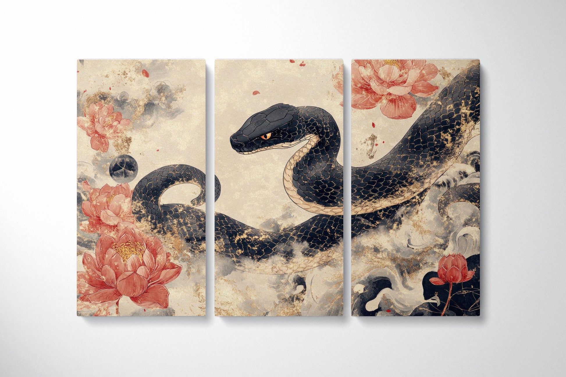 Serpent of the Golden Mist Art Canvas Wall Decor Eco Leather Print Triptych 2D