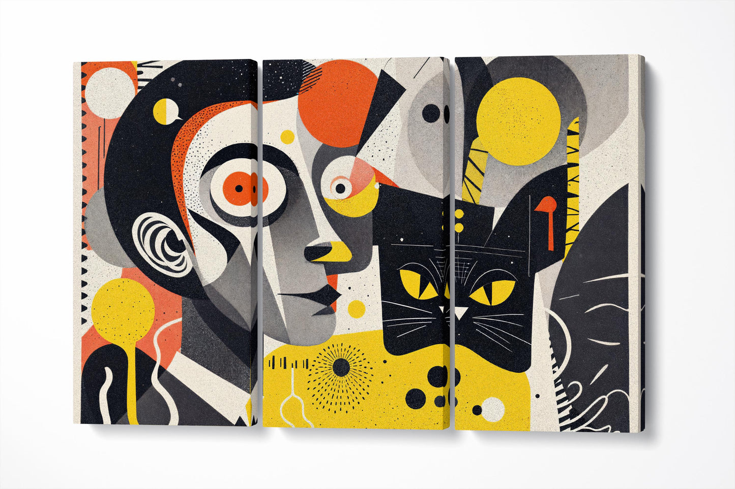 Abstract Narratives: Dadaism with a Feline Twist Wall Art Home Decor Eco Leather Print Wall Triptych