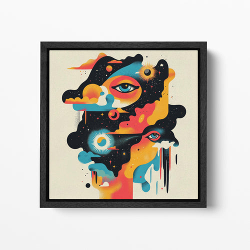 Celestial Dreams: Abstract Dadaism in Cosmic Layers Canvas Wall Art Framed Eco Leather Print Black Frame