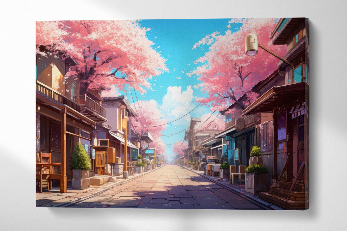 Anime Spring: Cherry Blossom Street in Japan Large Wall Art Home Decor Eco Leather Print Wall 2D