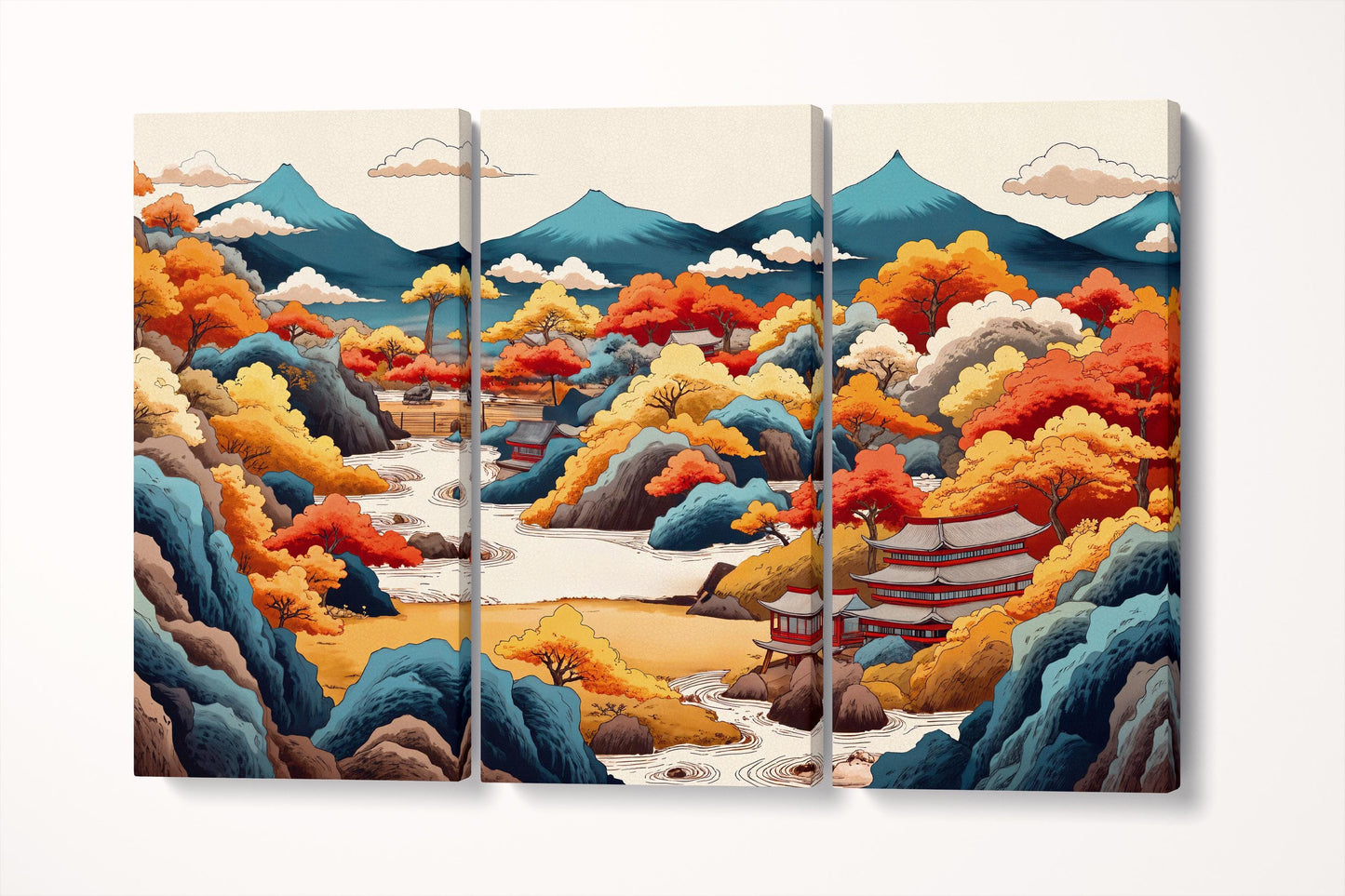 Golden Amber Serenity Japan's Autumn Ukiyo-e Wall Art Eco Leather Print Triptych