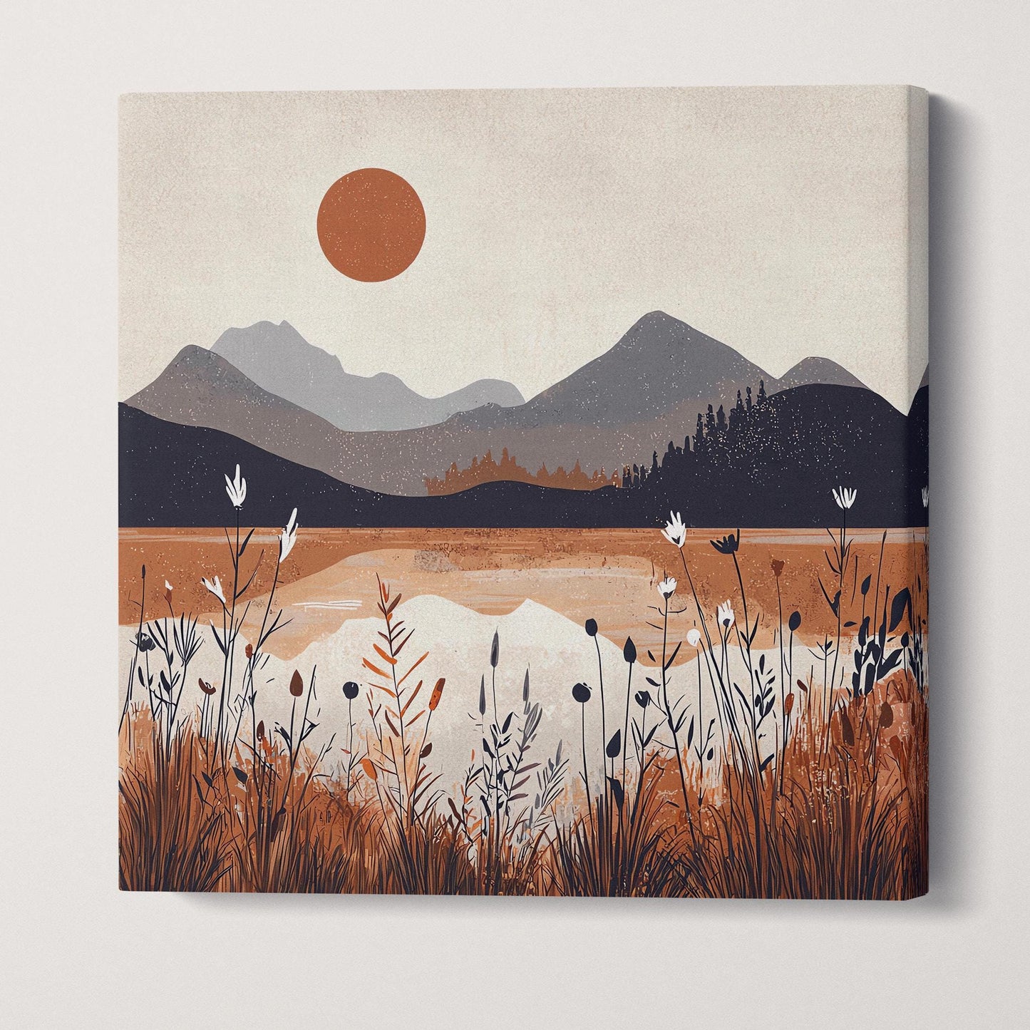 Amber Dusk Reflections Mountain Lake Landscape Artwork Wall Art Home Decor Framed Canvas Print