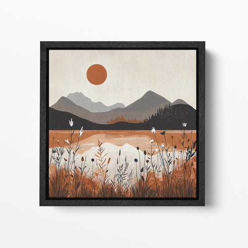 Amber Dusk Reflections Mountain Lake Landscape Artwork Wall Art Home Decor Framed Canvas Print Black Frame