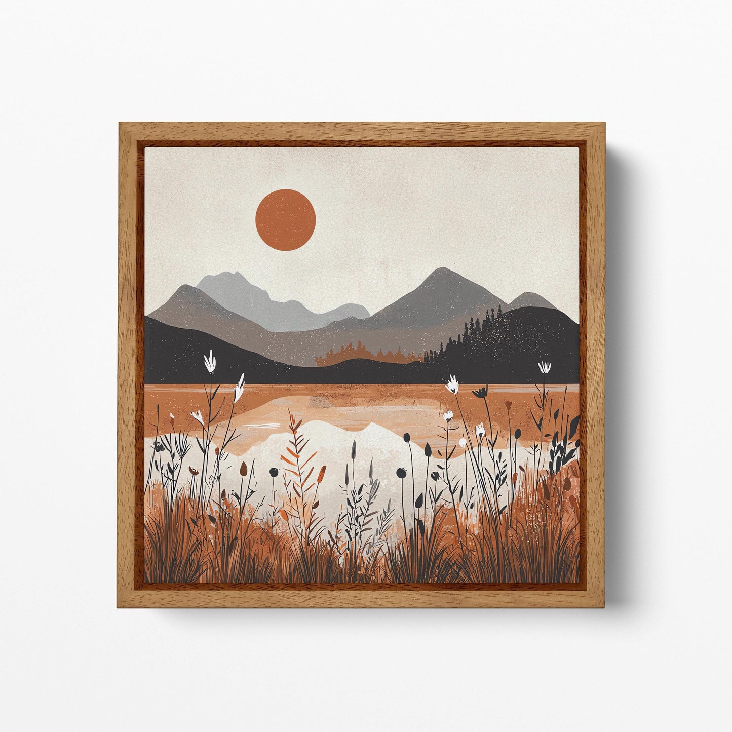 Amber Dusk Reflections Mountain Lake Landscape Artwork Wall Art Home Decor Framed Canvas Print Wood Frame