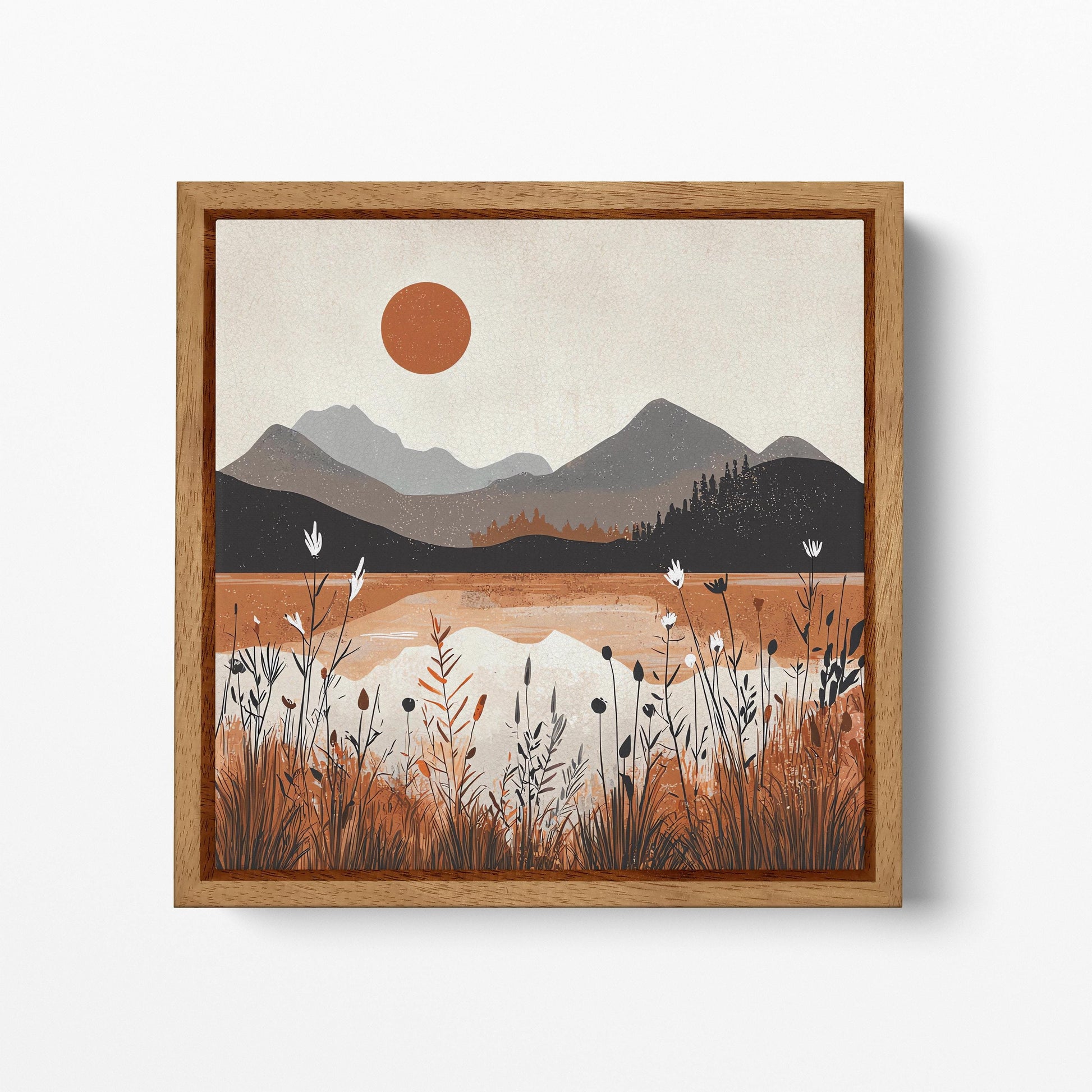 Amber Dusk Reflections Mountain Lake Landscape Artwork Wall Art Home Decor Framed Canvas Print Wood Frame