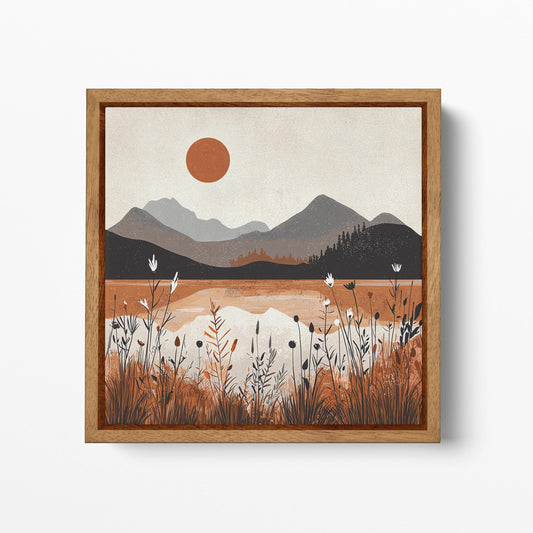 Amber Dusk Reflections Mountain Lake Landscape Artwork Wall Art Home Decor Framed Canvas Print Wood Frame