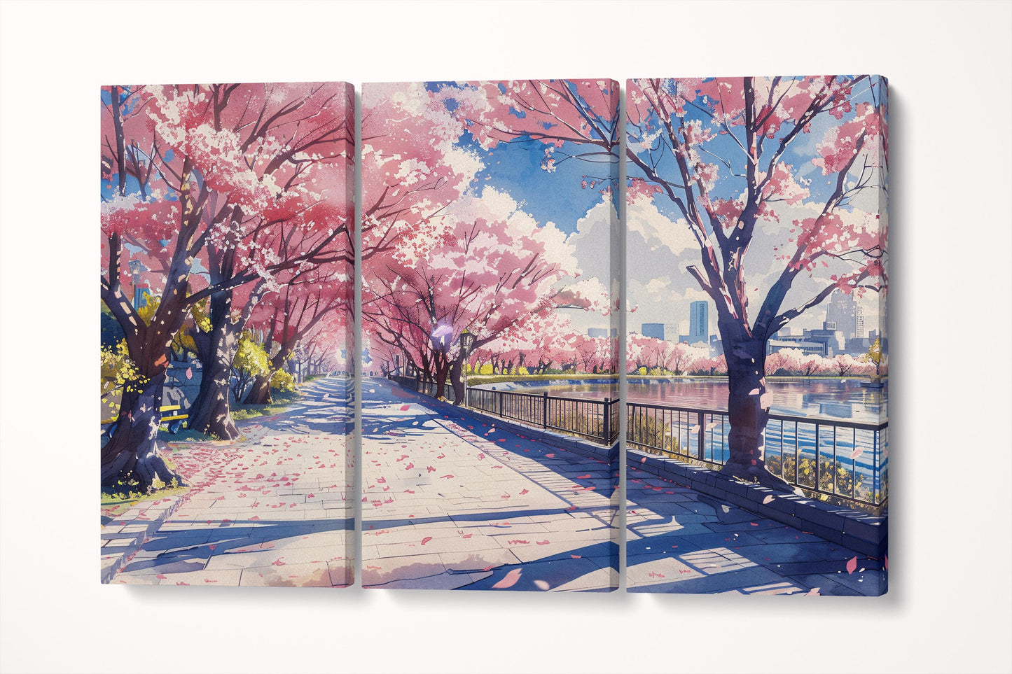 Blossoms of Spring Sakura Lake in Anime Japan Wall Art Home Decor Eco Leather Print Triptych