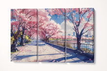 Load image into Gallery viewer, Blossoms of Spring Sakura Lake in Anime Japan Wall Art Home Decor Eco Leather Print Triptych