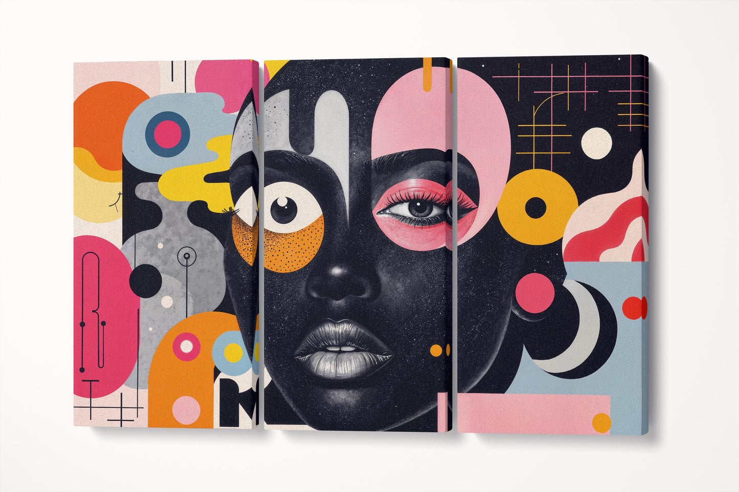 Surreal Geometric Vision Abstract Pop Art Portrait Wall Art Home Decor Eco Leather Print Triptych