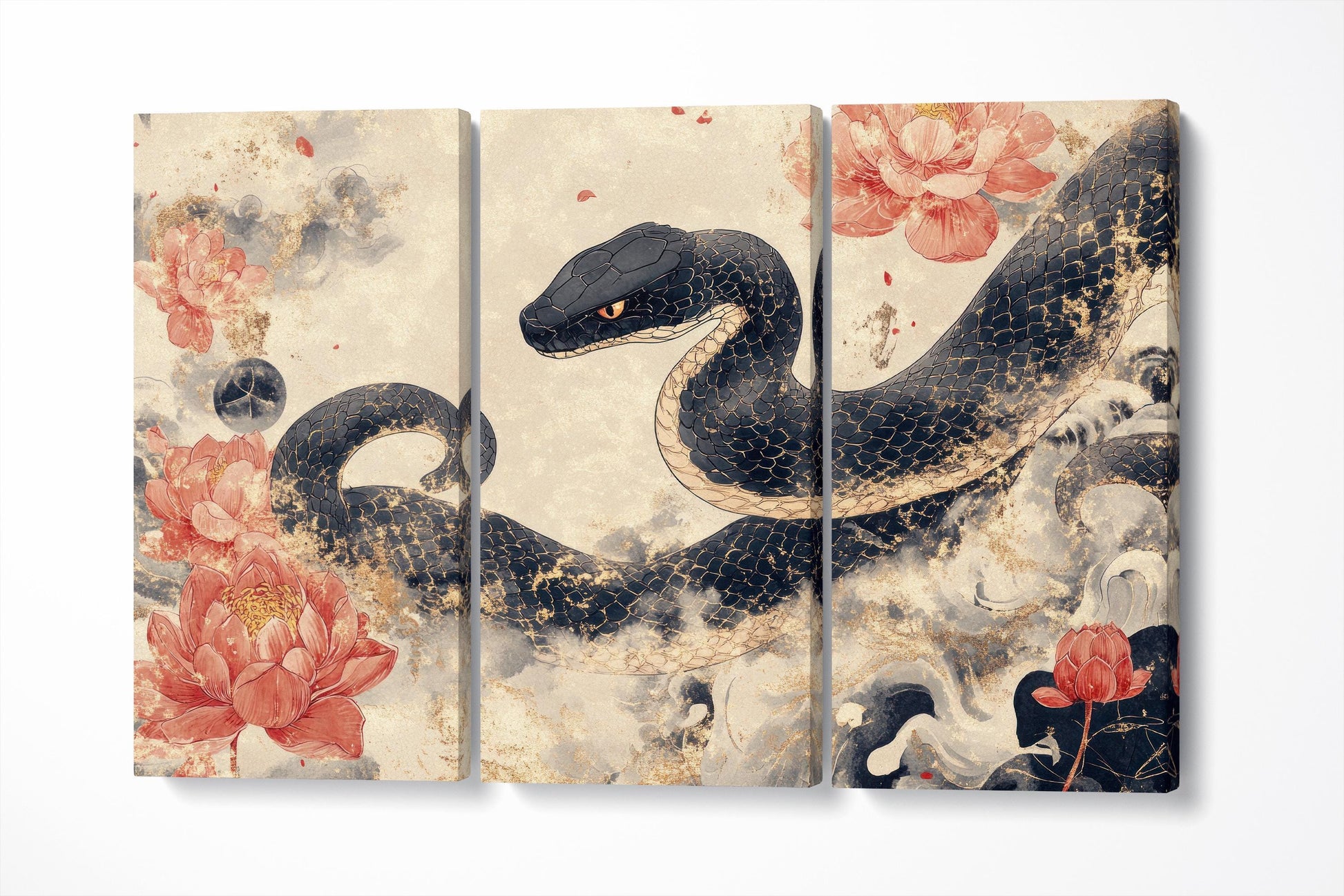 Serpent of the Golden Mist Art Canvas Wall Decor Eco Leather Print Triptych 3D