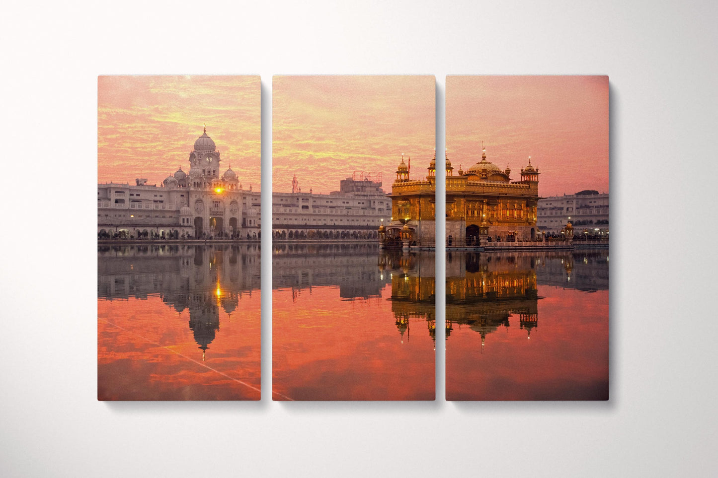 Golden Temple Sri Harmandir Sahib, Amritsar, Punjab, India at sunset canvas eco leather print Triptych