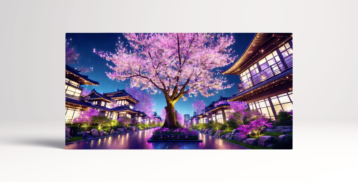 Sakura Houses Lights At Night Japan Anime Landscape Wall Art Home Decor Framed Canvas Print