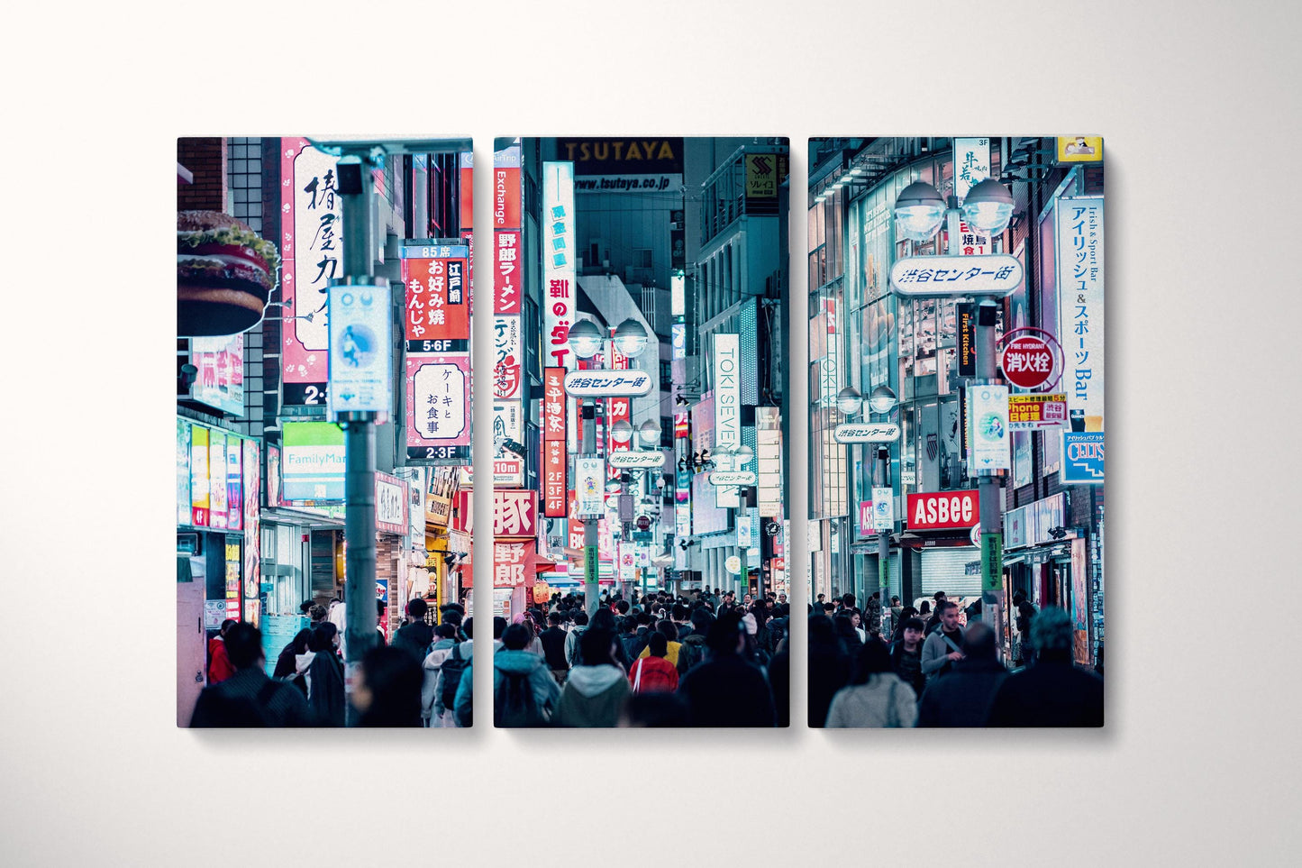 Tokyo Night Lights Shibuya Street Neon Glow Eco Leather Canvas Print Triptych
