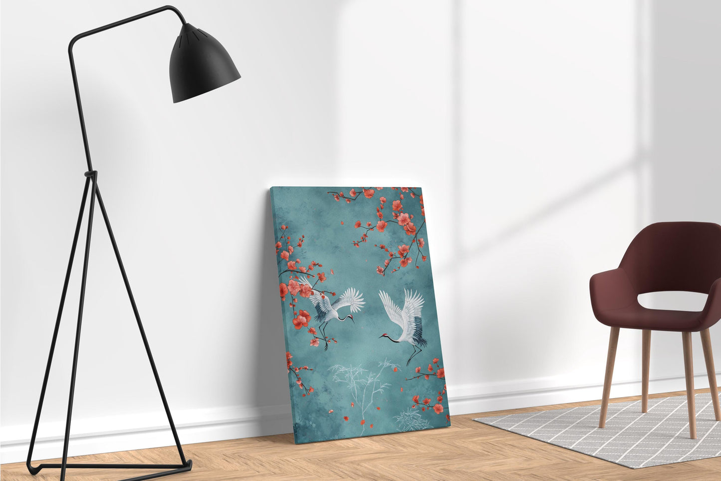 Japanese Art Cranes Blue Background Branches Blossoms Canvas Wall Art Eco Leather Print Ambient