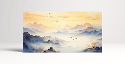 Beige Japan Mountain Sunrise Wall Art Home Decor Framed Canvas Print