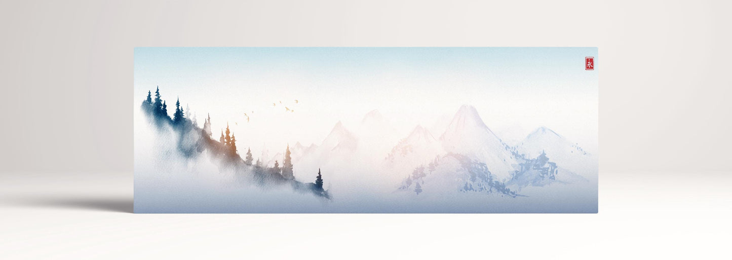 Japanese Mountain Blue Tones Landscape Wall Art Framed Eco Leather Canvas Print 105x36 cm