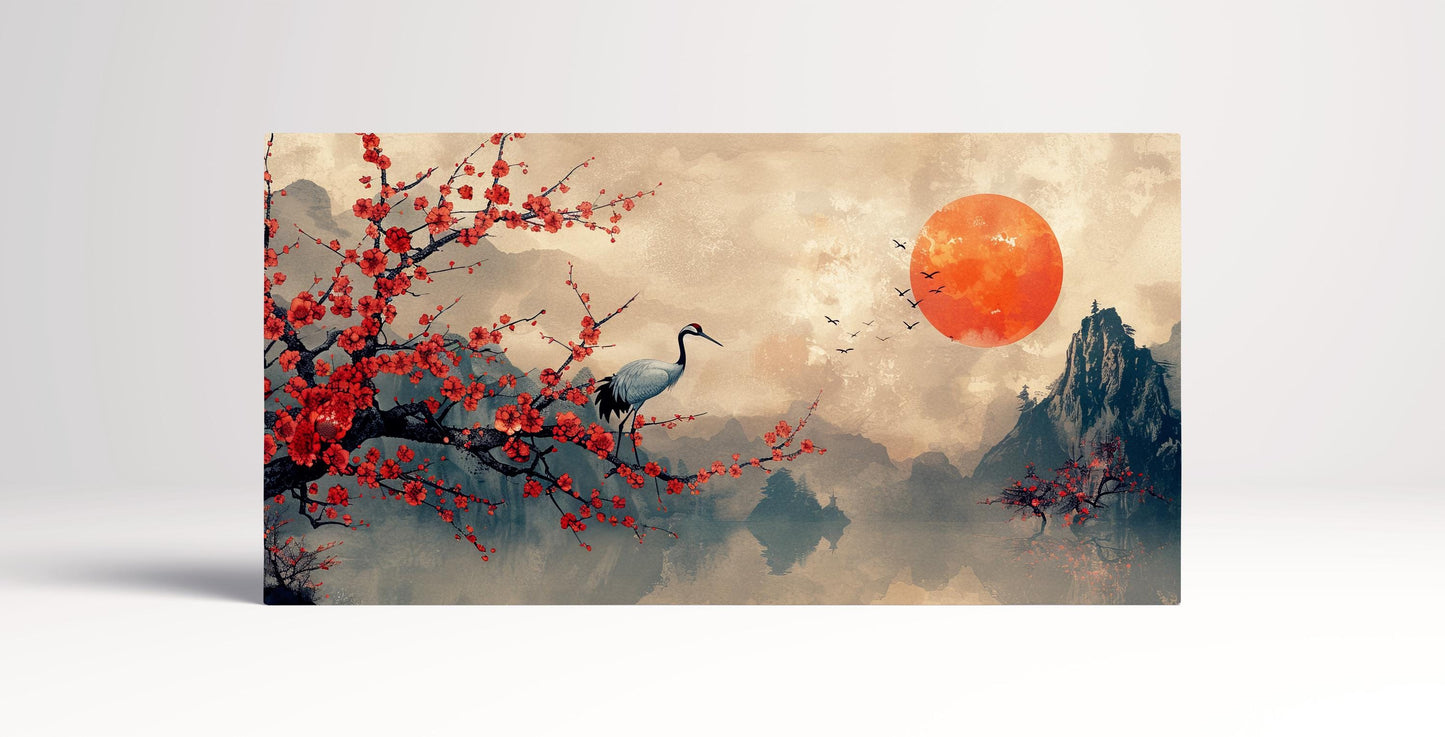 Harmony of the Vermilion Bloom Crane on a Scarlet Branch at Dusk Wall Art Home Decor Framed Canvas Print