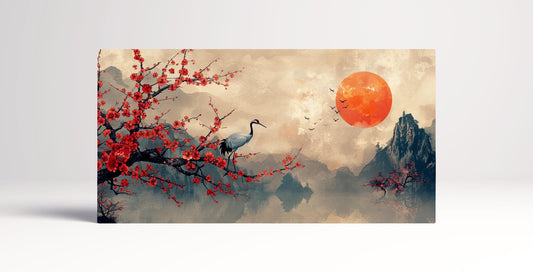 Harmony of the Vermilion Bloom Crane on a Scarlet Branch at Dusk Wall Art Home Decor Framed Canvas Print