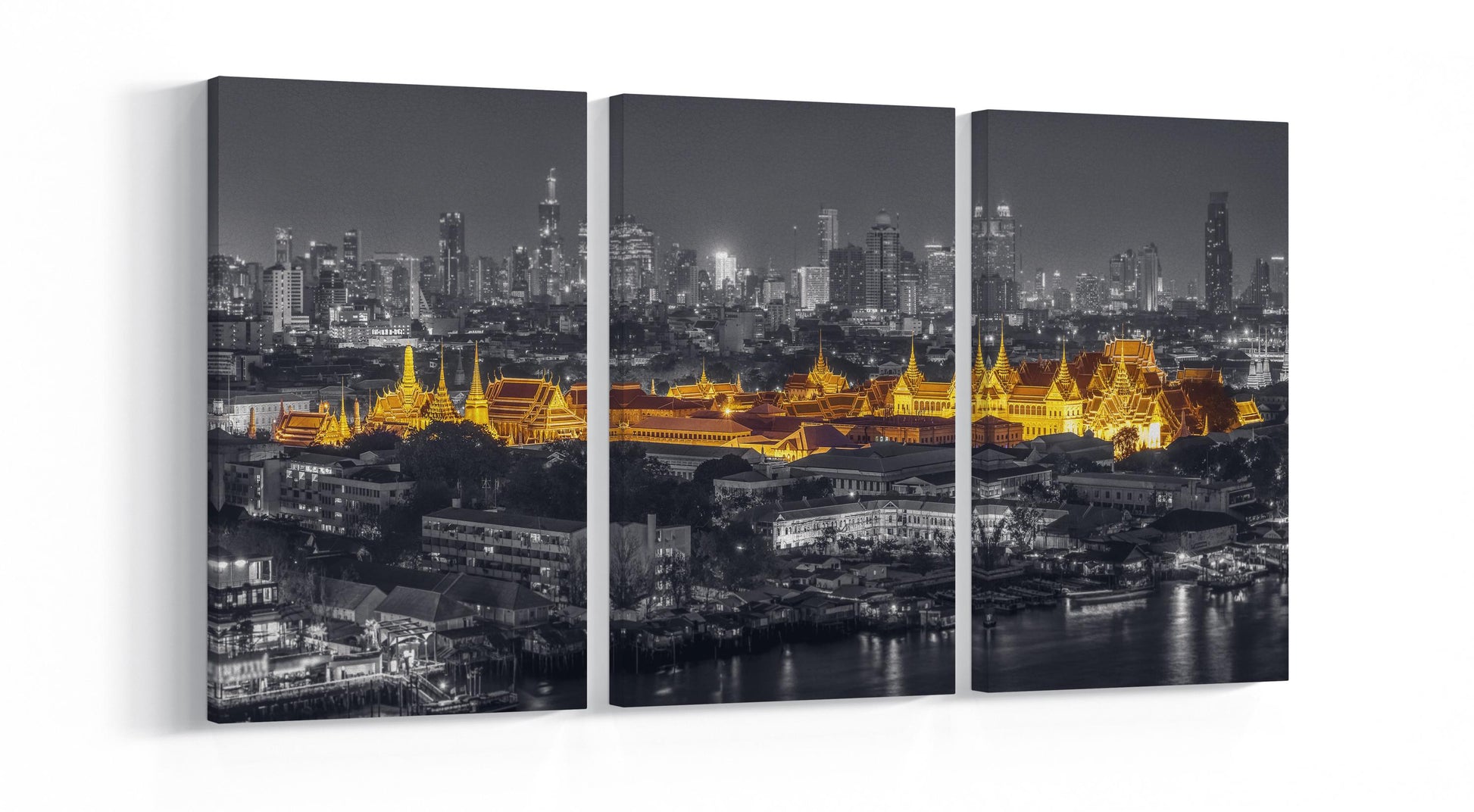 Bangkok ancient architecture artwork wall art framed eco leather canvas print triptych