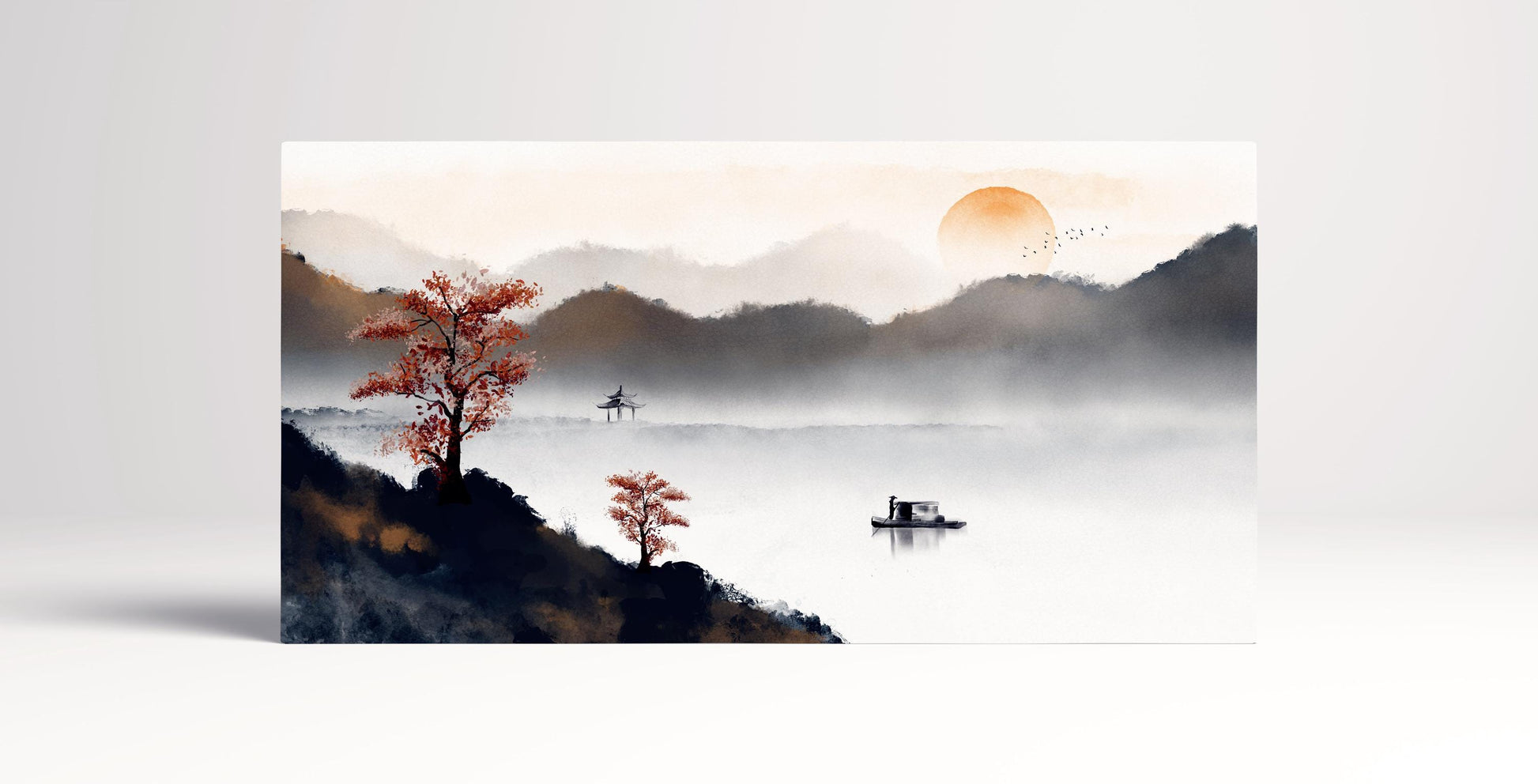 Chinese Style Dawn Illustration Wall Art Framed Canvas Print, Made in Italy!