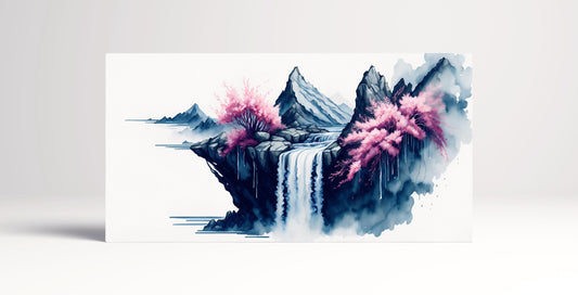 Japan Cherry Blossom Waterfall Ink Artwork Landscape White Background Wall Art