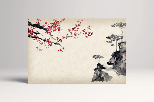 Sakura Mountain Sumi-e Style Landscape Home Gift Wall Art Framed Canvas Eco Leather Print