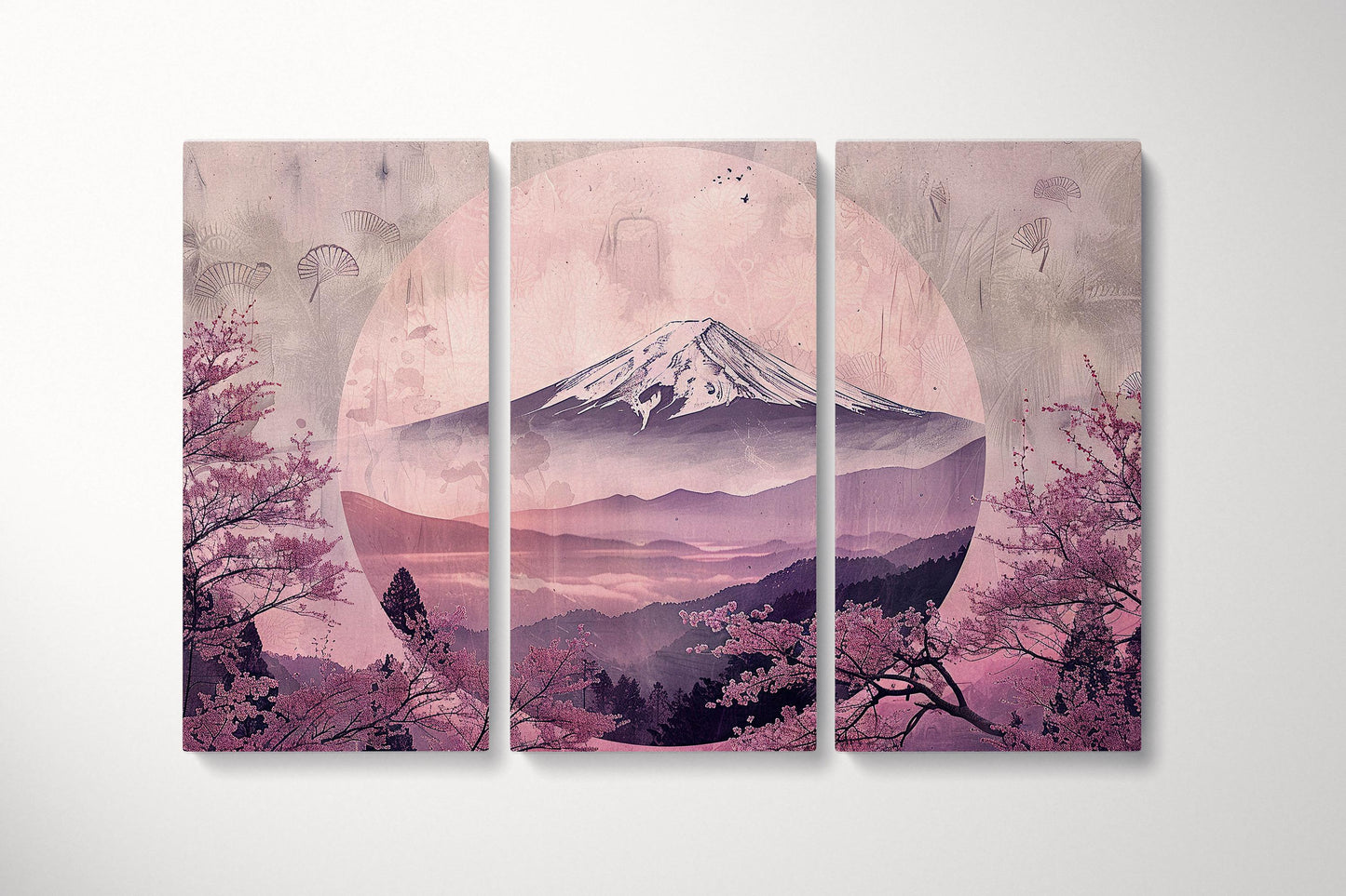 Cherry Blossom Pink Fuji Canvas Eco Leather Print Triptych