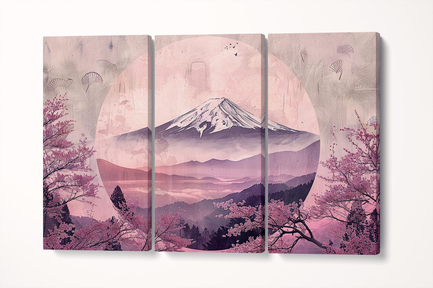 Cherry Blossom Pink Fuji Canvas Eco Leather Print Triptych 3D
