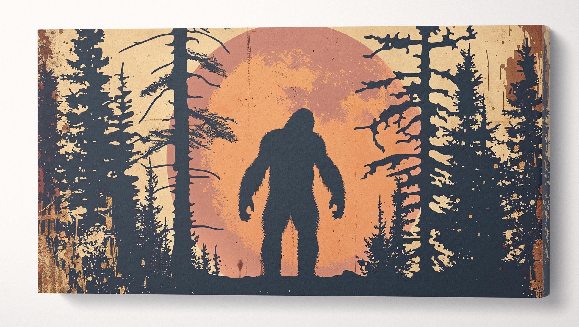 Bigfoot Silhouette in the Forest Wall Art Canvas Eco Leather Print Wall 3D