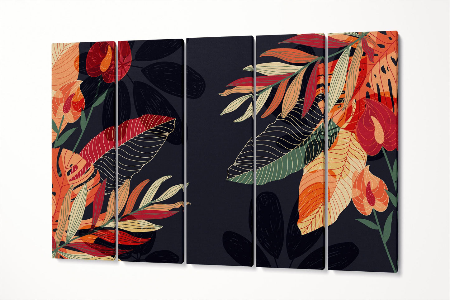 Tropical Noir Exotic Foliage Art Vibrant Wall Art Eco Leather Print 5 Panels