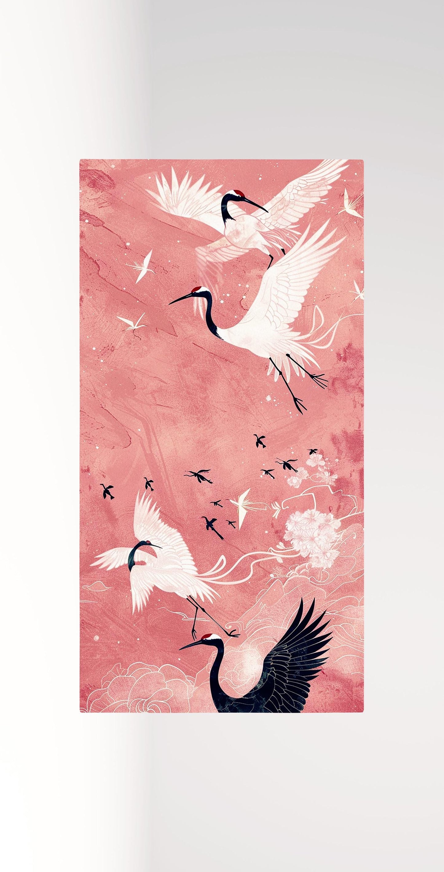 Elegant Flight of Cranes Pink Background Canvas Wall Art Eco Leather Print