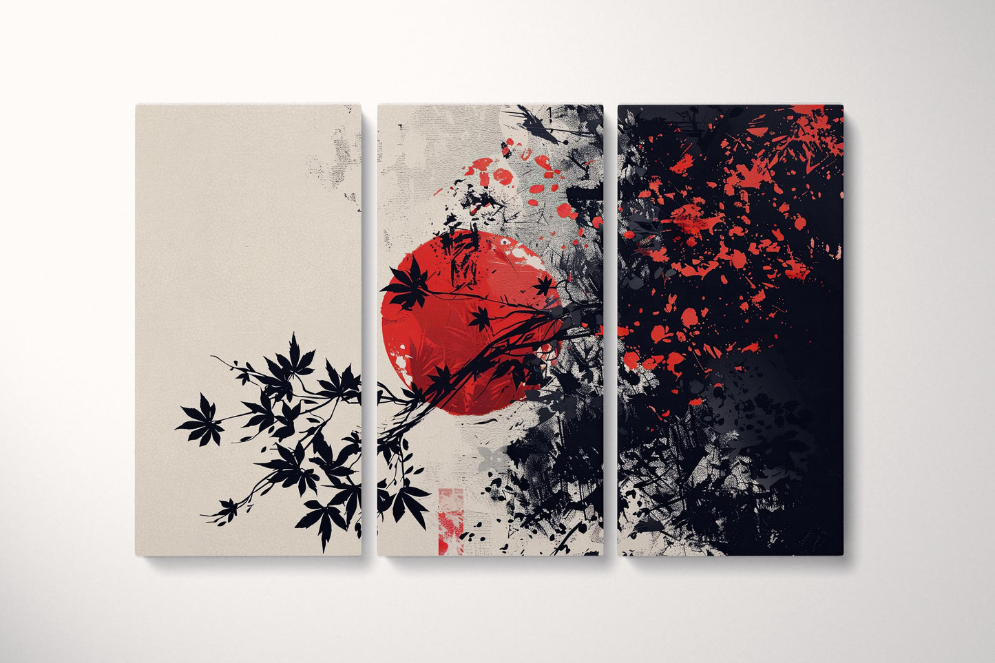 Chaos of the Rising Sun Japanese Ink Wall Art Eco Leather Canvas Print Triptych