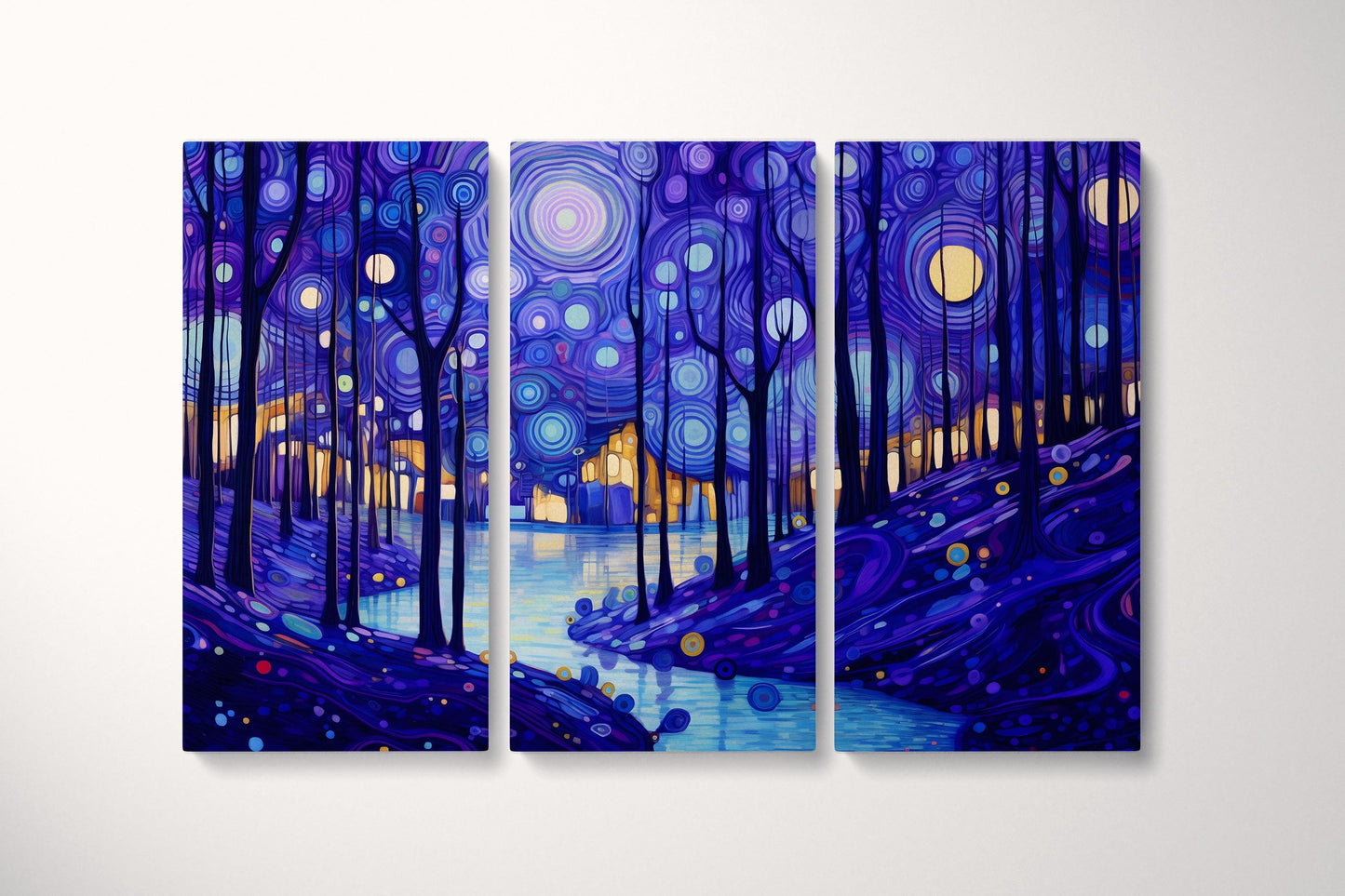 Starry Twilight Forest Van Gogh Inspired Wall Art Eco Leather Canvas Print Triptych