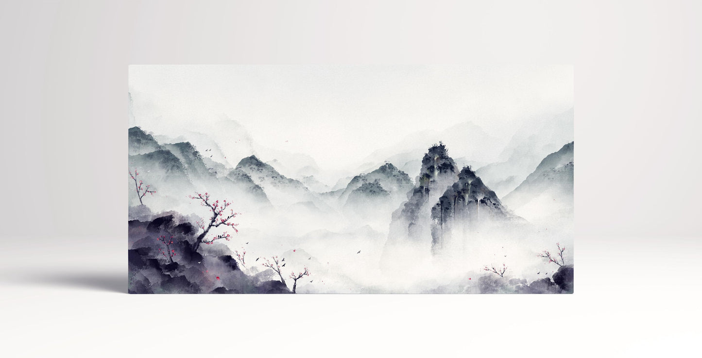 Japan mountain landscape winter illustration wall decor canvas print on white