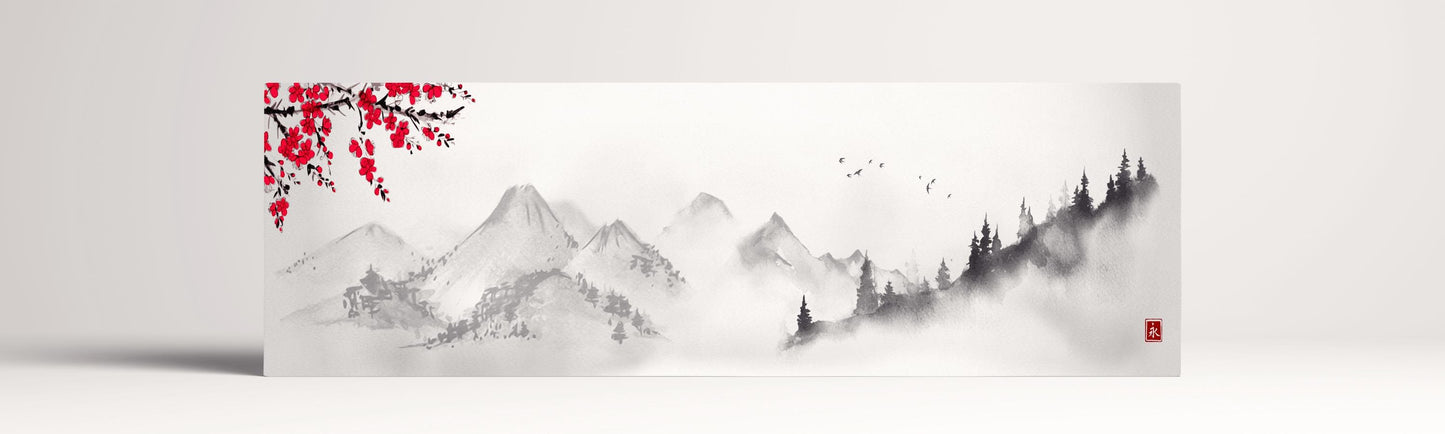 Japanese mountain landscape artwork black and white wall art canvas print 100x30 cm
