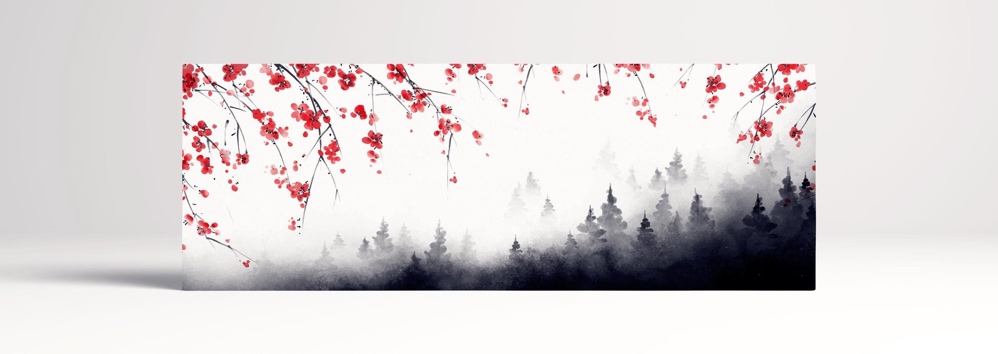 Japanese Black Forest Red Sakura Landscape Wall Art Framed Eco Leather Canvas Print 105x36 cm