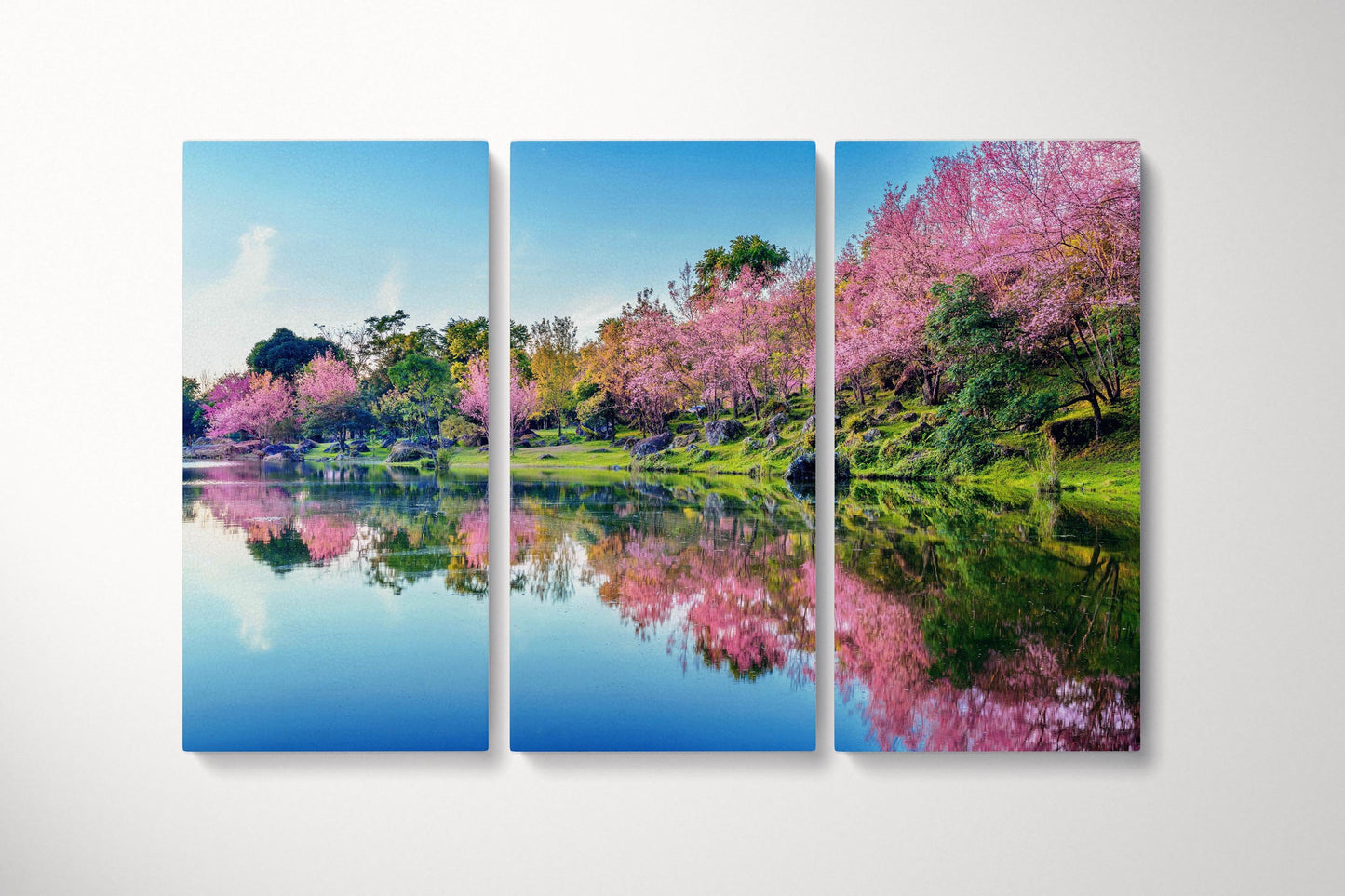 Japan Cherry Tree Blossom Lake Reflection Wall Art Canvas Eco Leather Print Triptych
