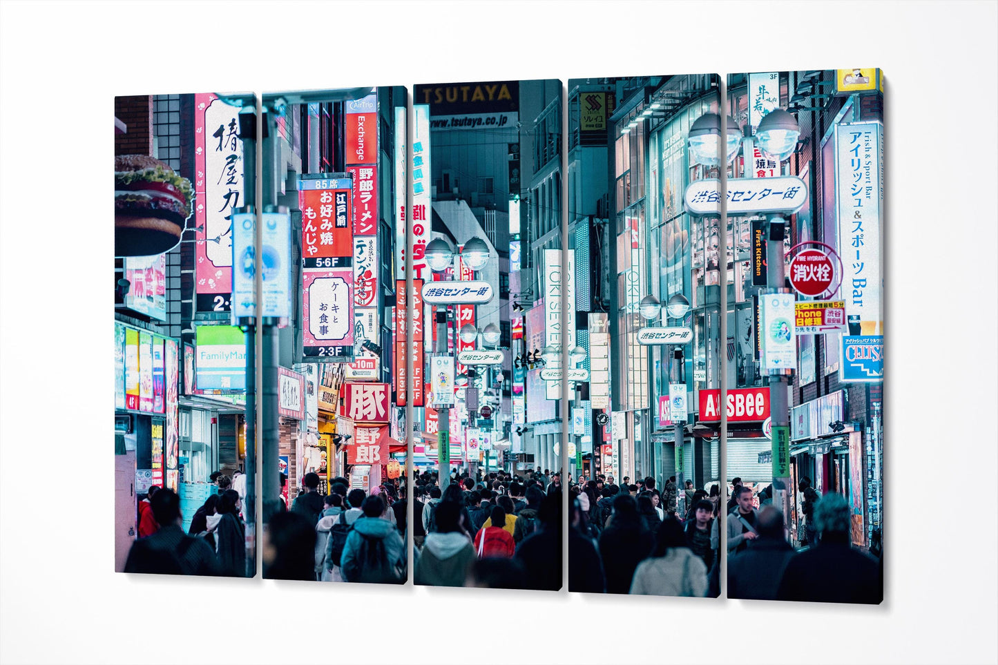 Tokyo Night Lights Shibuya Street Neon Glow Eco Leather Canvas Print 5 Panels